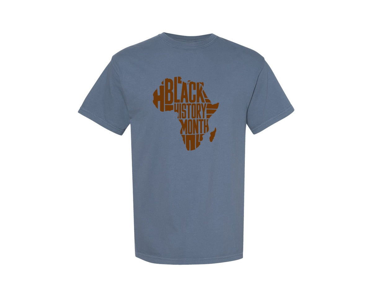 brand:Comfort Colors|color:Blue Jean|Black History Month Africa Map Typo Graphic T-Shirt