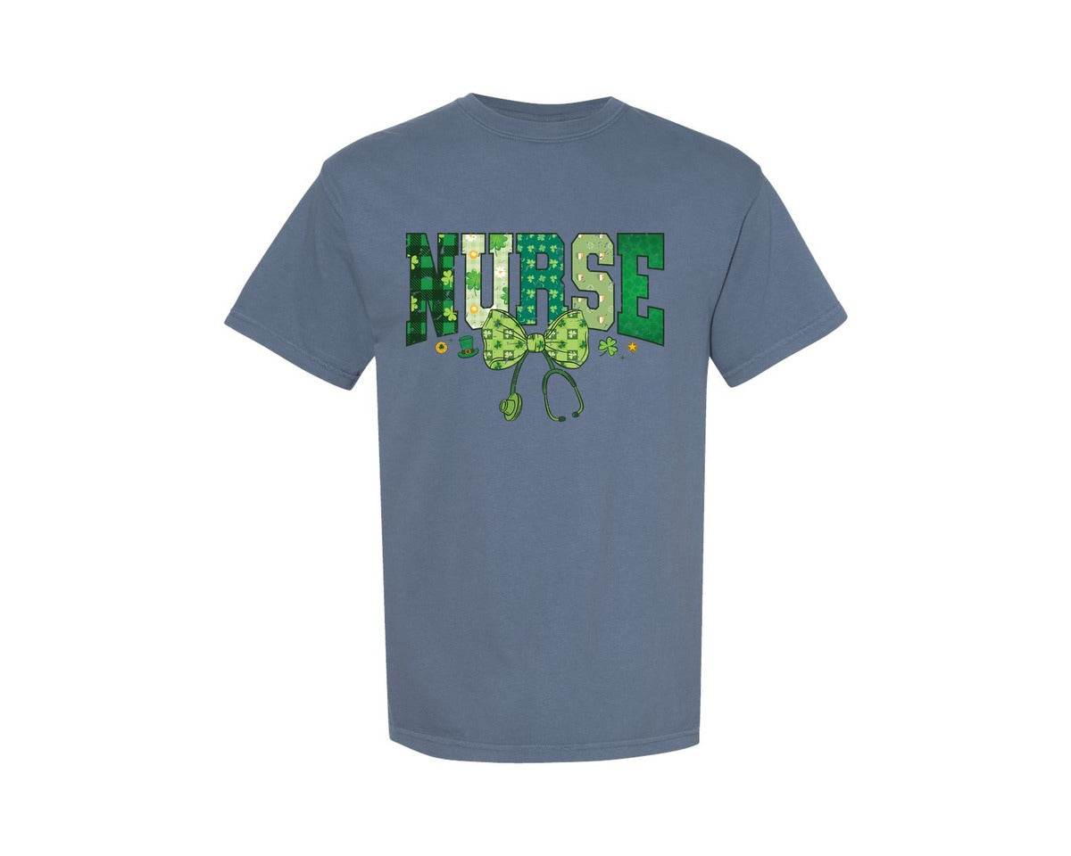 brand:Comfort Colors|color:Blue Jean|Coquette Nurse St Patricks Nurse Bow Graphic T-Shirt