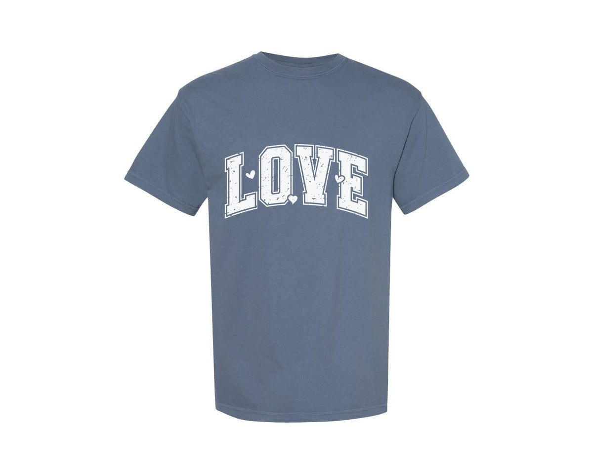 brand:Comfort Colors|color:Blue Jean|Valentine Love Rero Varsity Love Heart Graphic T-Shirt