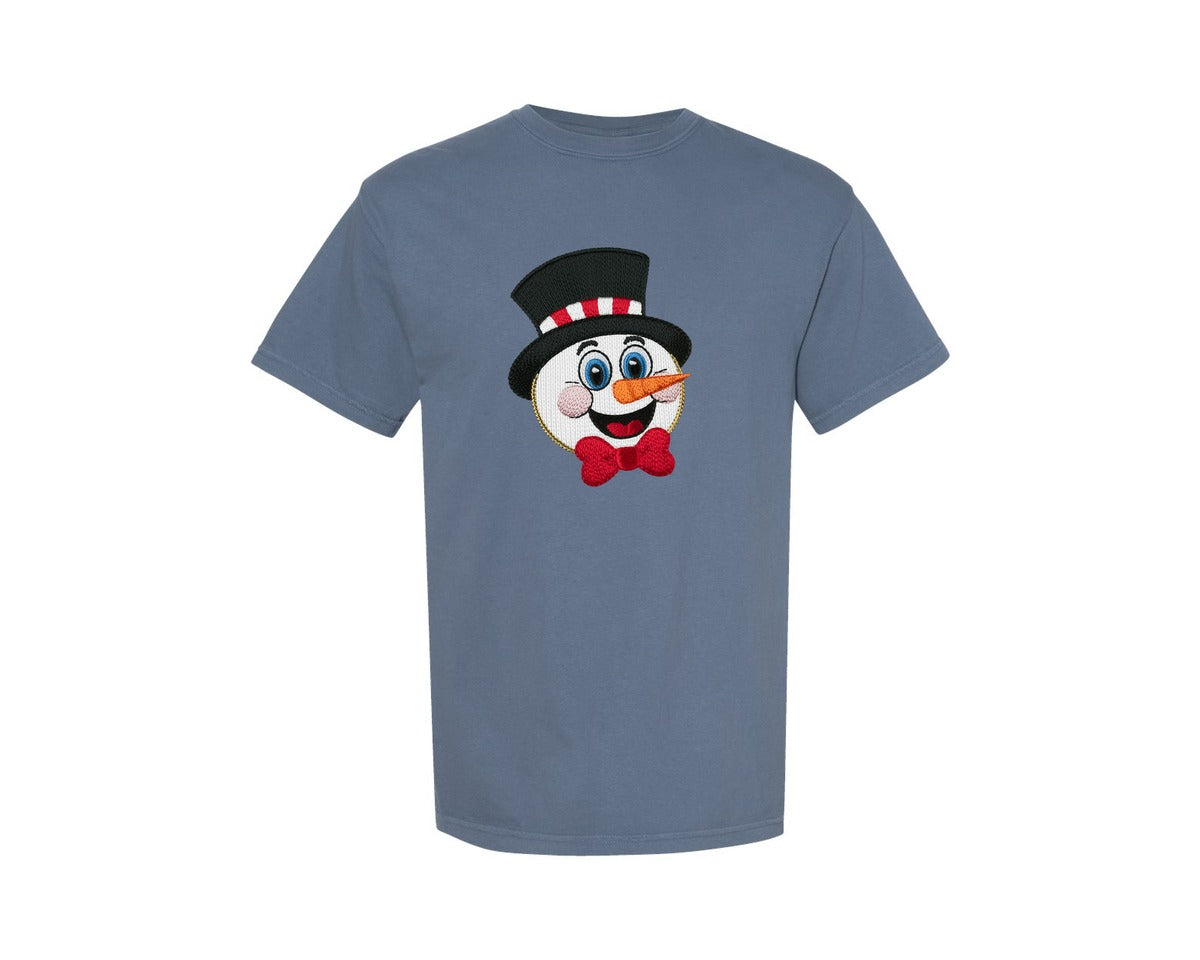 brand:Comfort Colors|color:Blue Jean|Funny Yarn Faux Embroidery Snowman Graphic T-Shirt