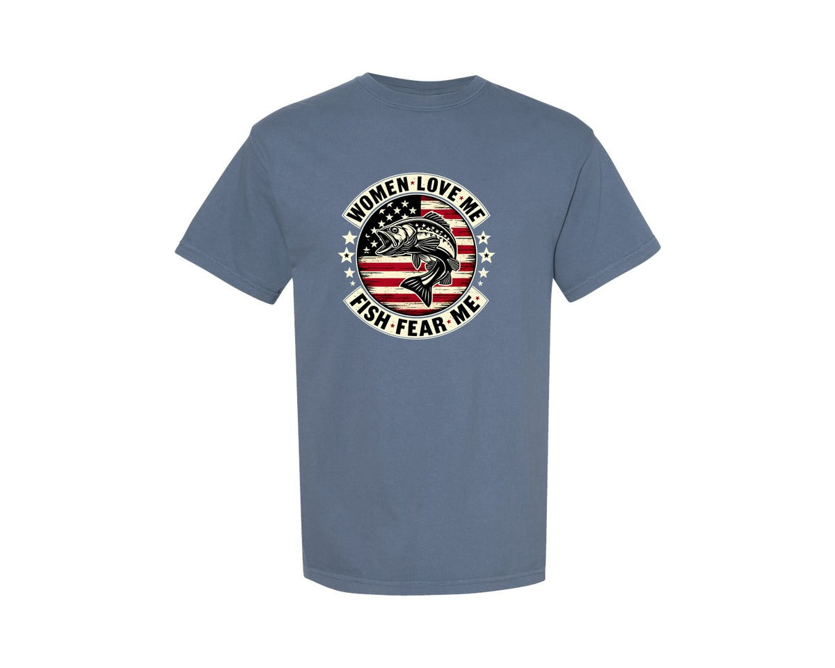 brand:Comfort Colors|color:Blue Jean|Women Love Me Fish Fear Me Dad Graphic T-Shirt