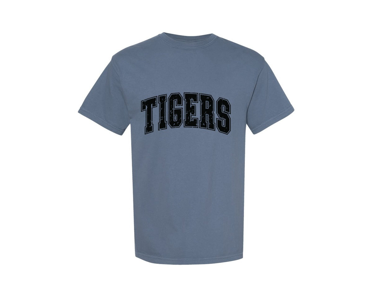 brand:Comfort Colors|color:Blue Jean|Retro Tigers Distressed Varsity Tiger Graphic T-Shirt