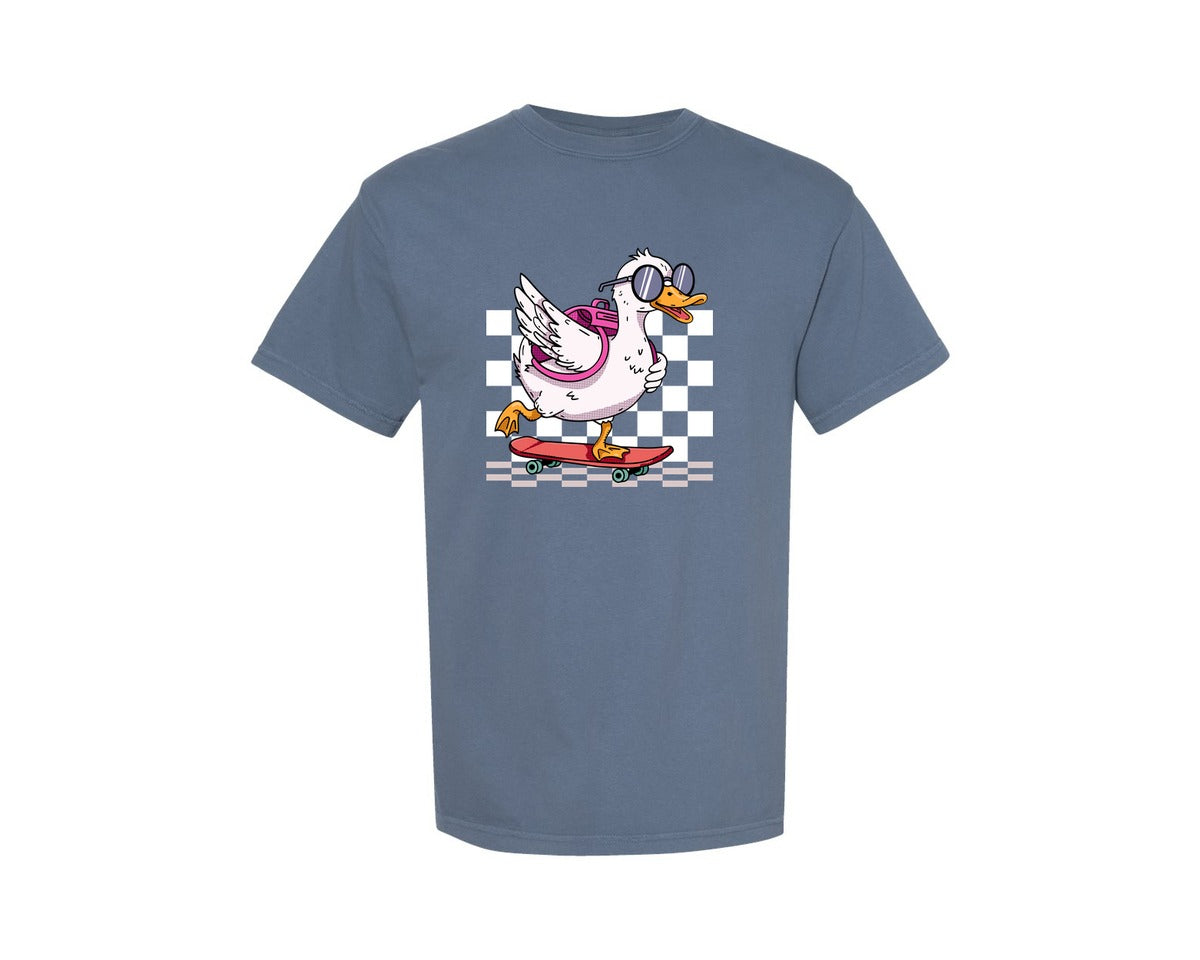 brand:Comfort Colors|color:Blue Jean|Funny Back To School Skateboard Goose Graphic T-Shirt