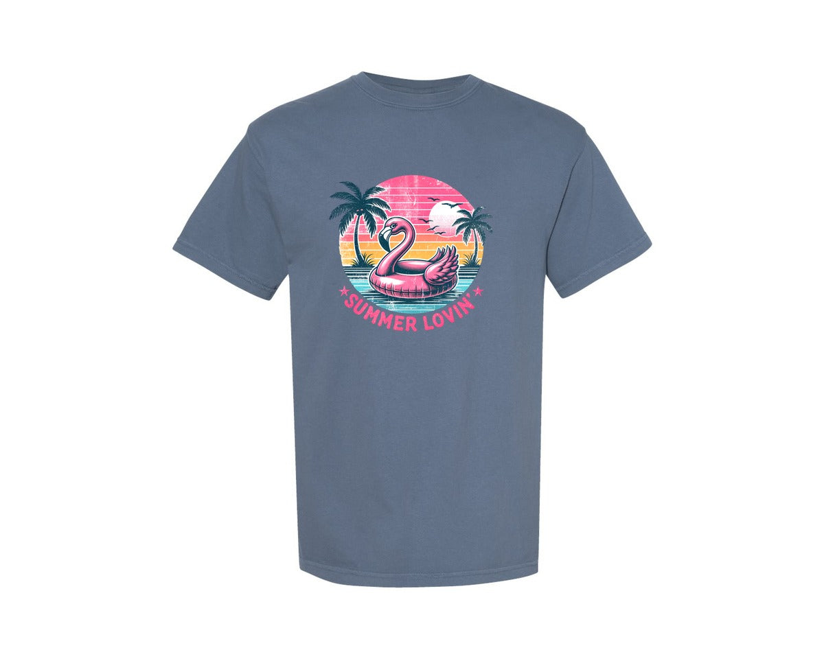 brand:Comfort Colors|color:Blue Jean|Retro Summer Loving Flamingo Float Graphic T-Shirt