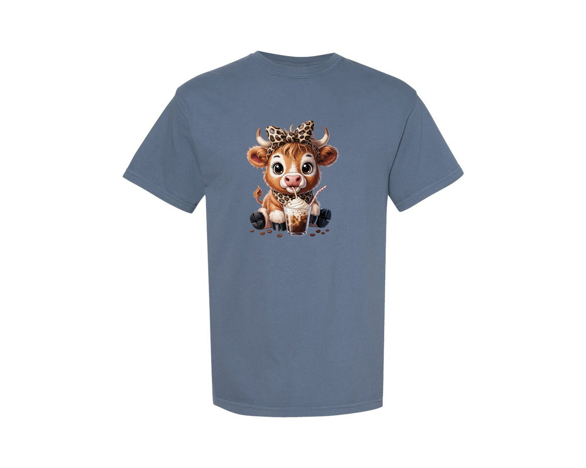 brand:Comfort Colors|color:Blue Jean|Coffee Cow Leopard Bow Latte Girl Graphic T-Shirt