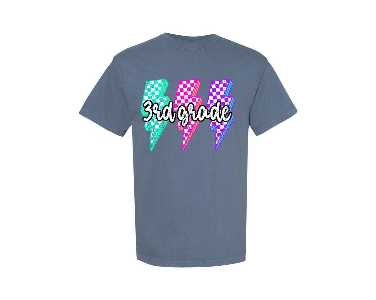 brand:Comfort Colors|color:Blue Jean|School Grade Checkered Lightning Neon Graphic T-Shirt
