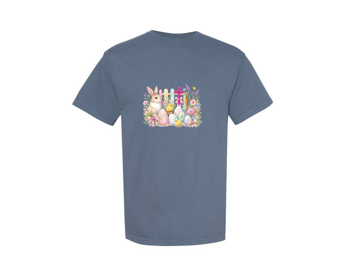 brand:Comfort Colors|color:Blue Jean|Christian Bunny Cross Floral Easter Day Graphic T-Shirt
