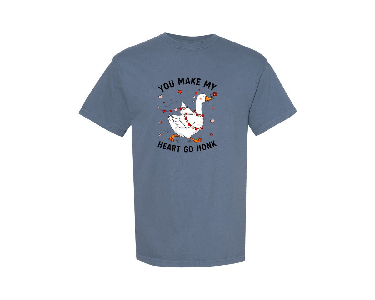 brand:Comfort Colors|color:Blue Jean|Funny Goose Valentine Heart Go Honk Graphic T-Shirt