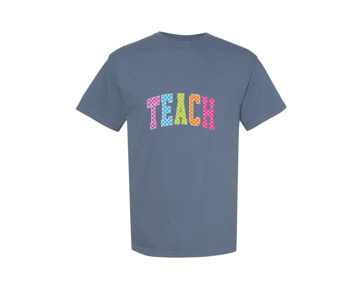 brand:Comfort Colors|color:Blue Jean|Teacher Checkered Teach Neon Preppy Graphic T-Shirt