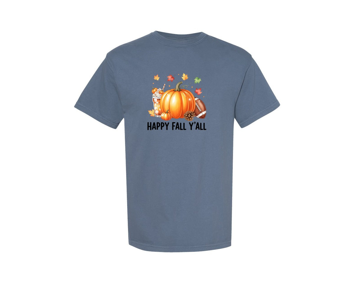 brand:Comfort Colors|color:Blue Jean|Happy Fall Yall Pumpkin Football Autumn Graphic T-Shirt