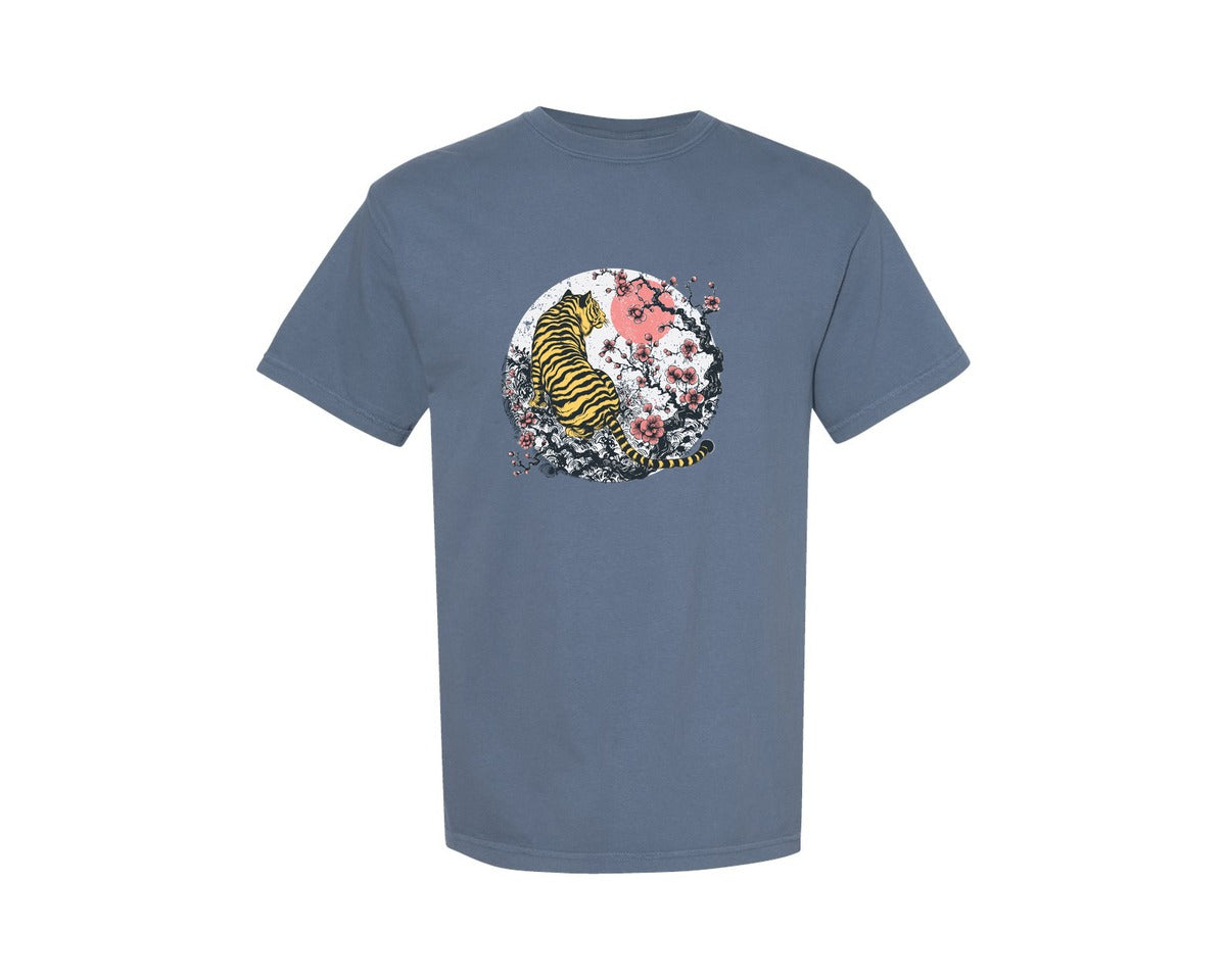 brand:Comfort Colors|color:Blue Jean|Retro Japanese Tiger Sakura Shirt Graphic T-Shirt