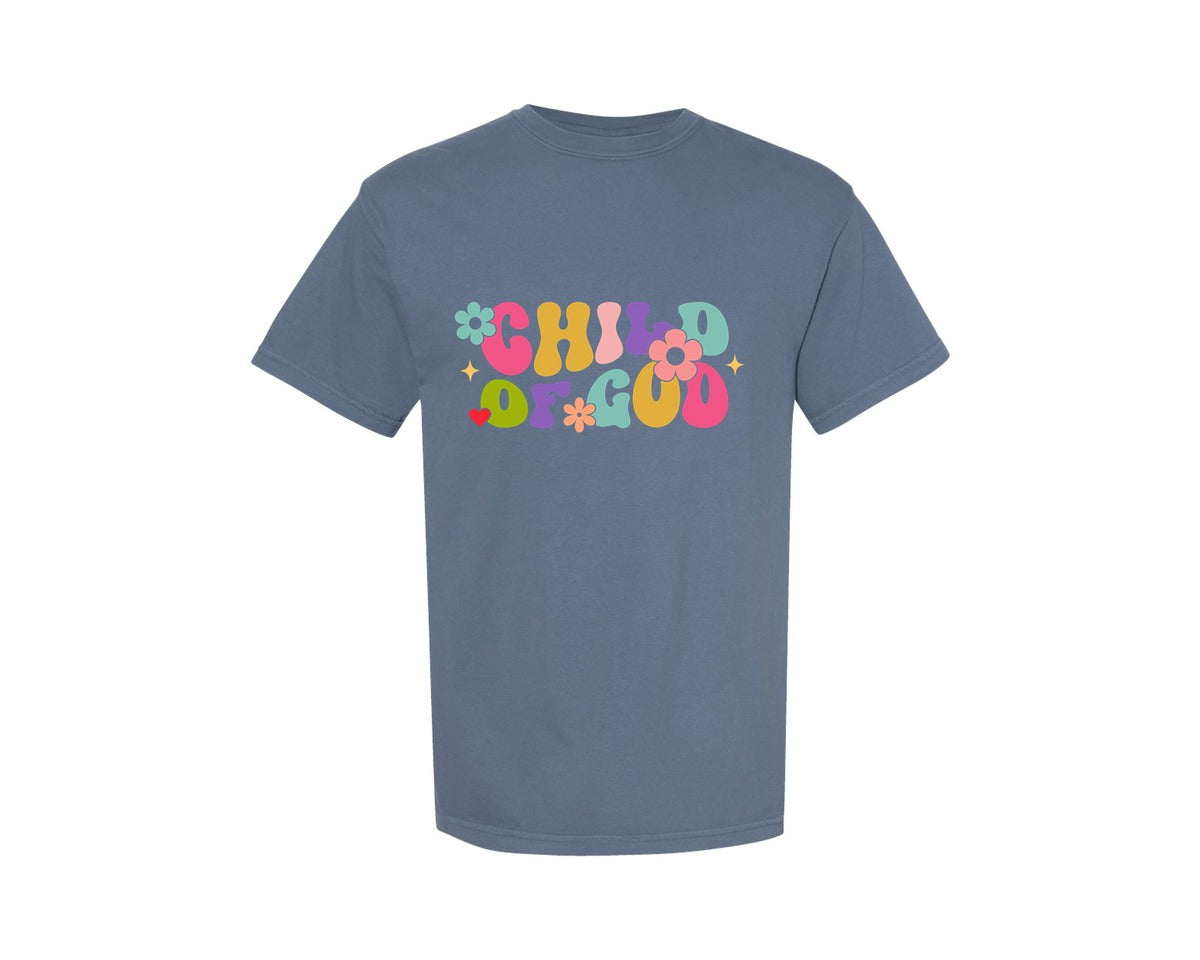 brand:Comfort Colors|color:Blue Jean|Child Of God Retro Christian Graphic T-Shirt
