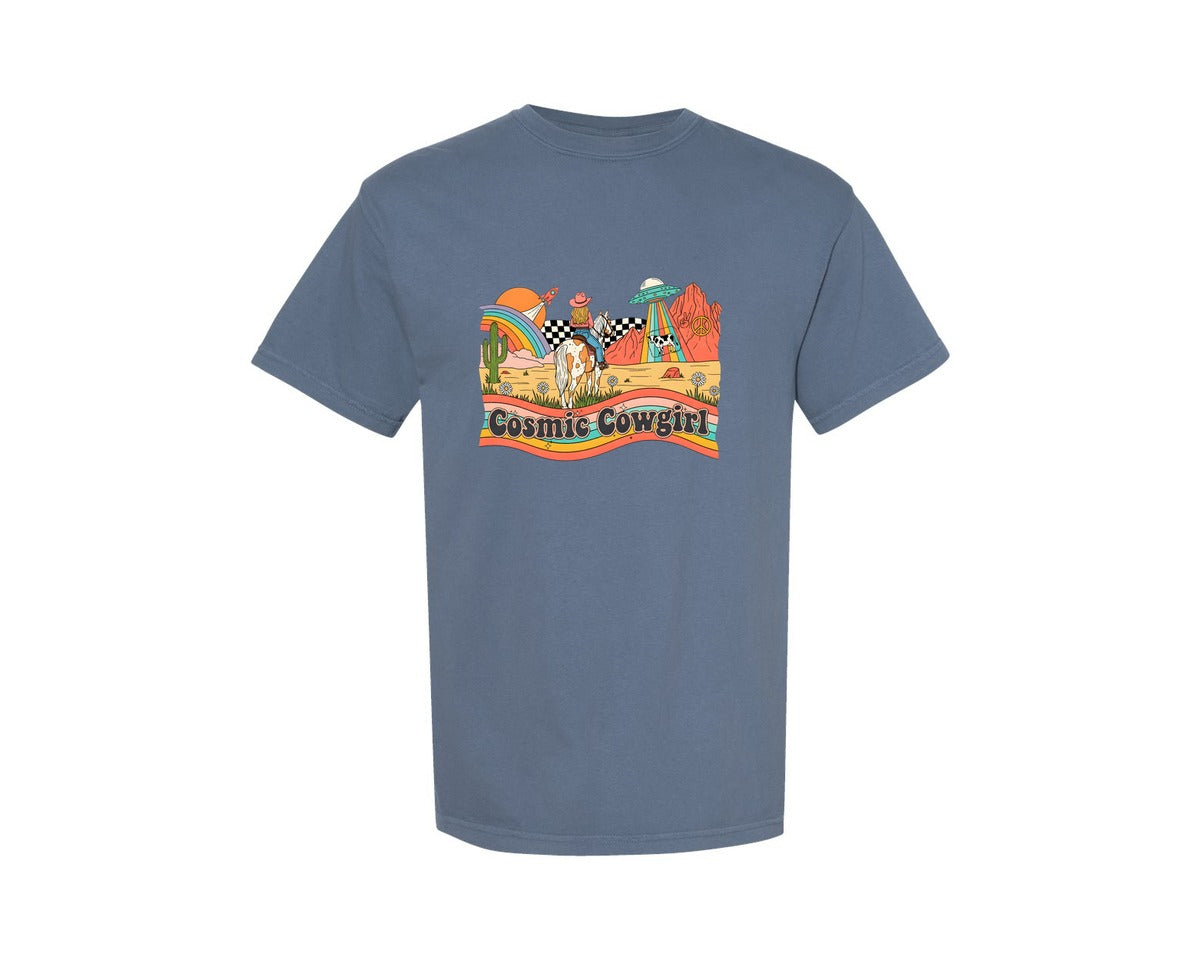 brand:Comfort Colors|color:Blue Jean|Cosmic Cowgirl Space Cow Ufo Sun Graphic T-Shirt