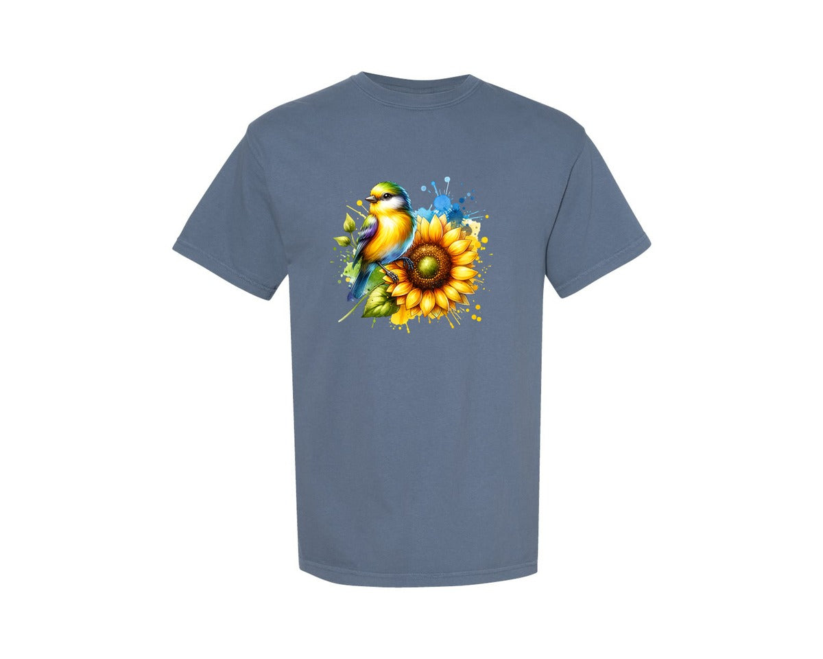 brand:Comfort Colors|color:Blue Jean|Bird Sunflower Flower Graphic T-Shirt