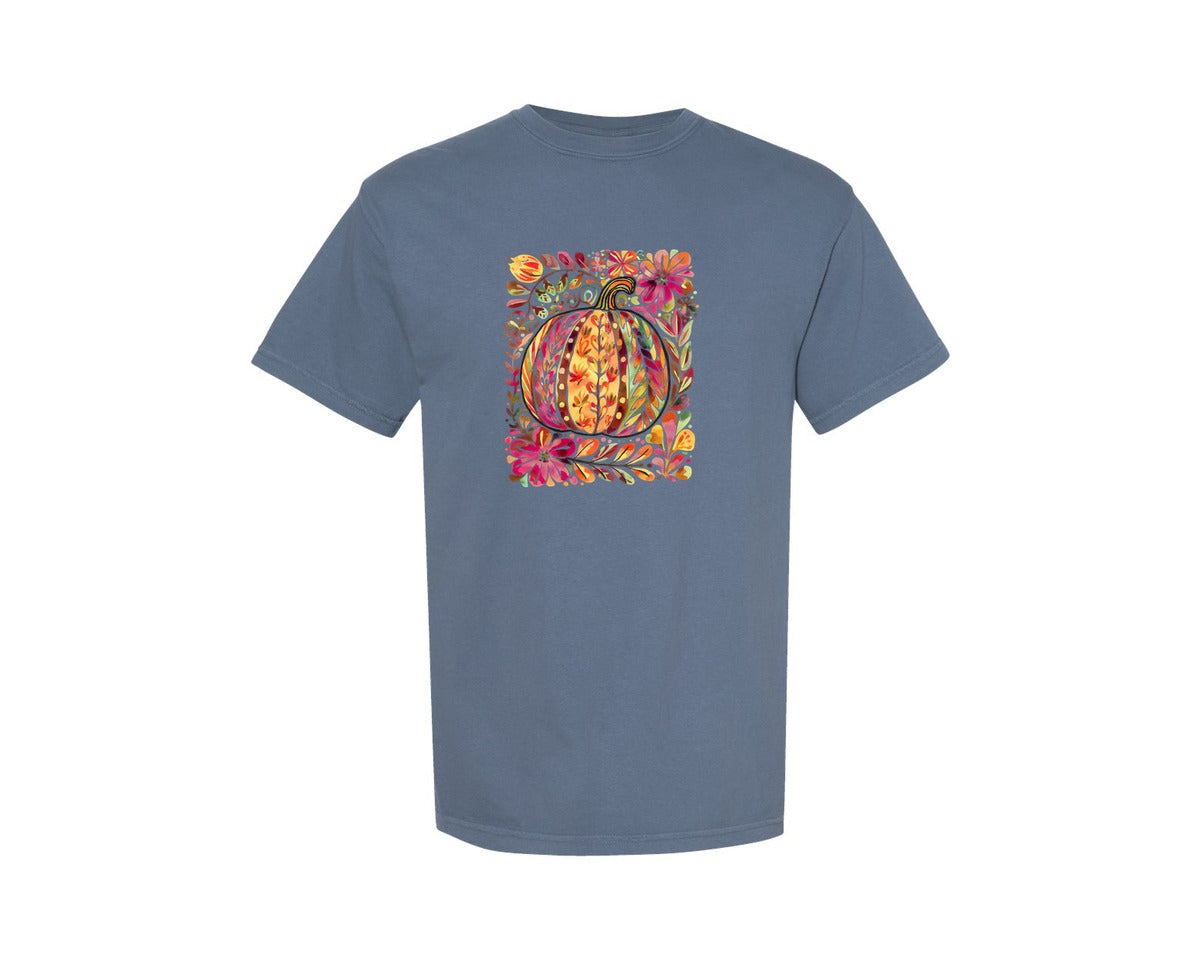 brand:Comfort Colors|color:Blue Jean|Fall Floral Pumpkin Boho Fall Graphic T-Shirt