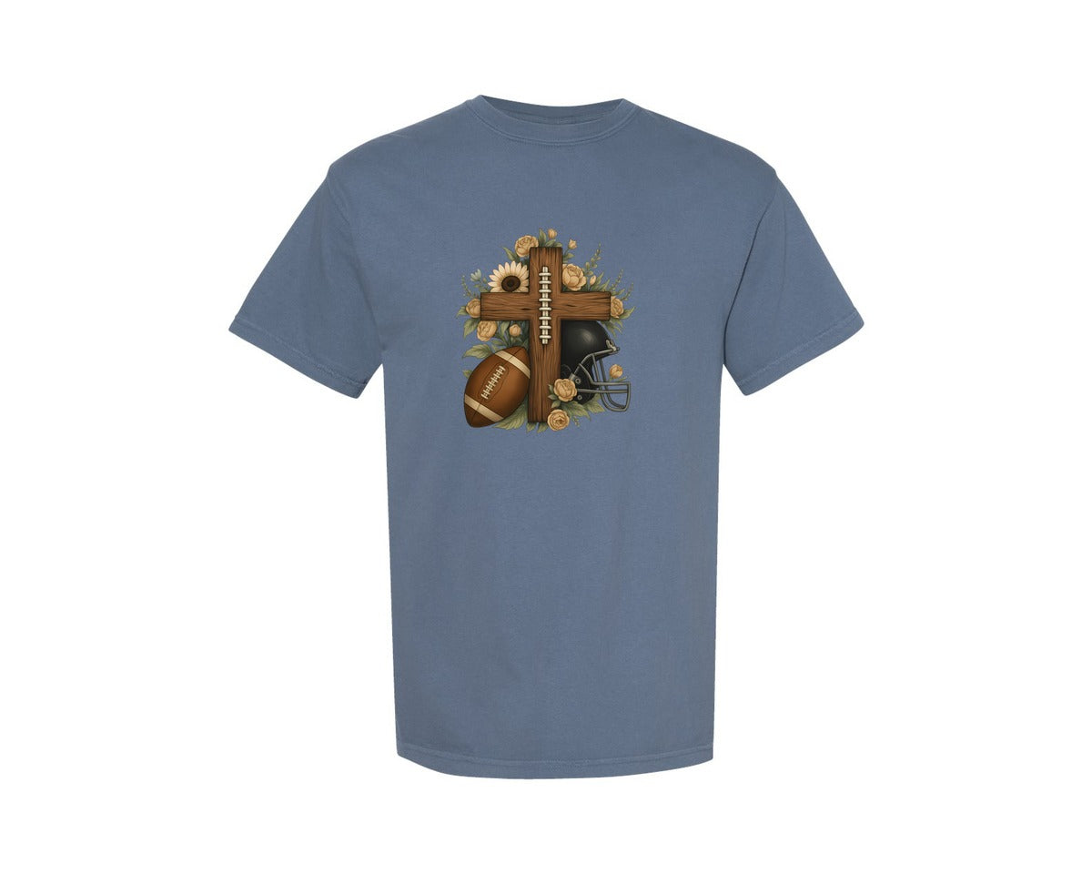 brand:Comfort Colors|color:Blue Jean|American Football Mom Christian Bible Graphic T-Shirt