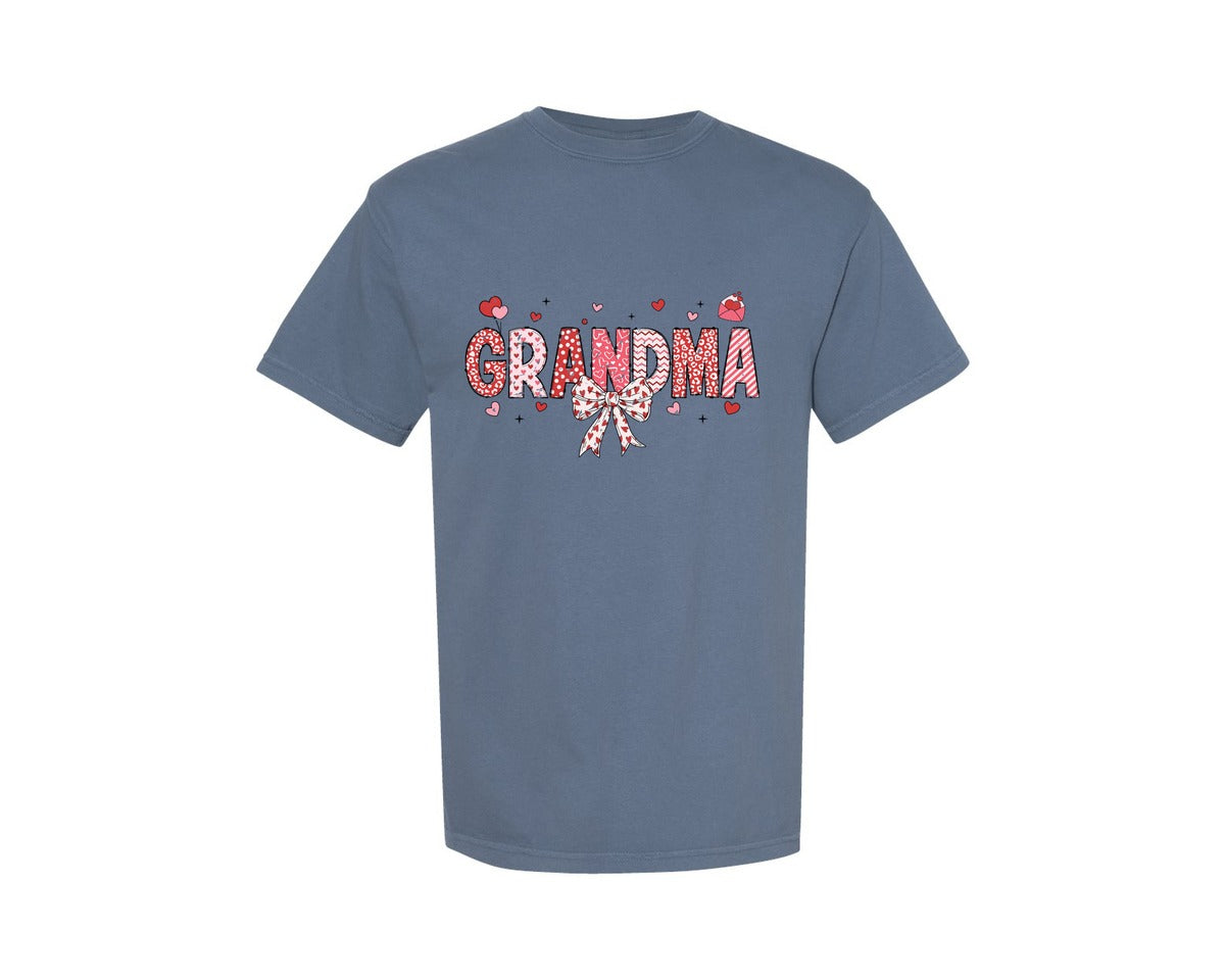 brand:Comfort Colors|color:Blue Jean|Grandma Valentine Coquette Bow Doodle Graphic T-Shirt