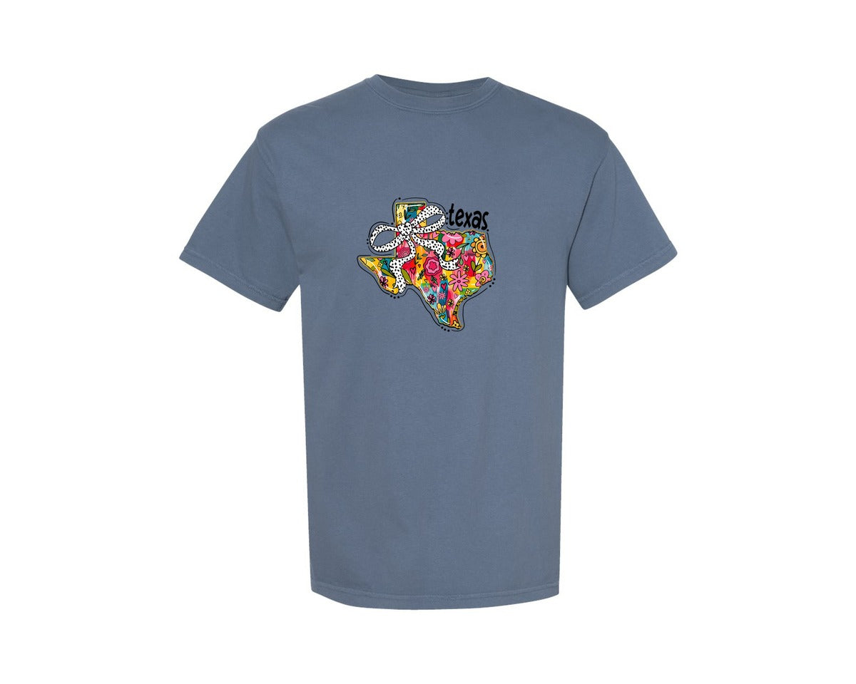 brand:Comfort Colors|color:Blue Jean|Floral Texas State Graphic T-Shirt