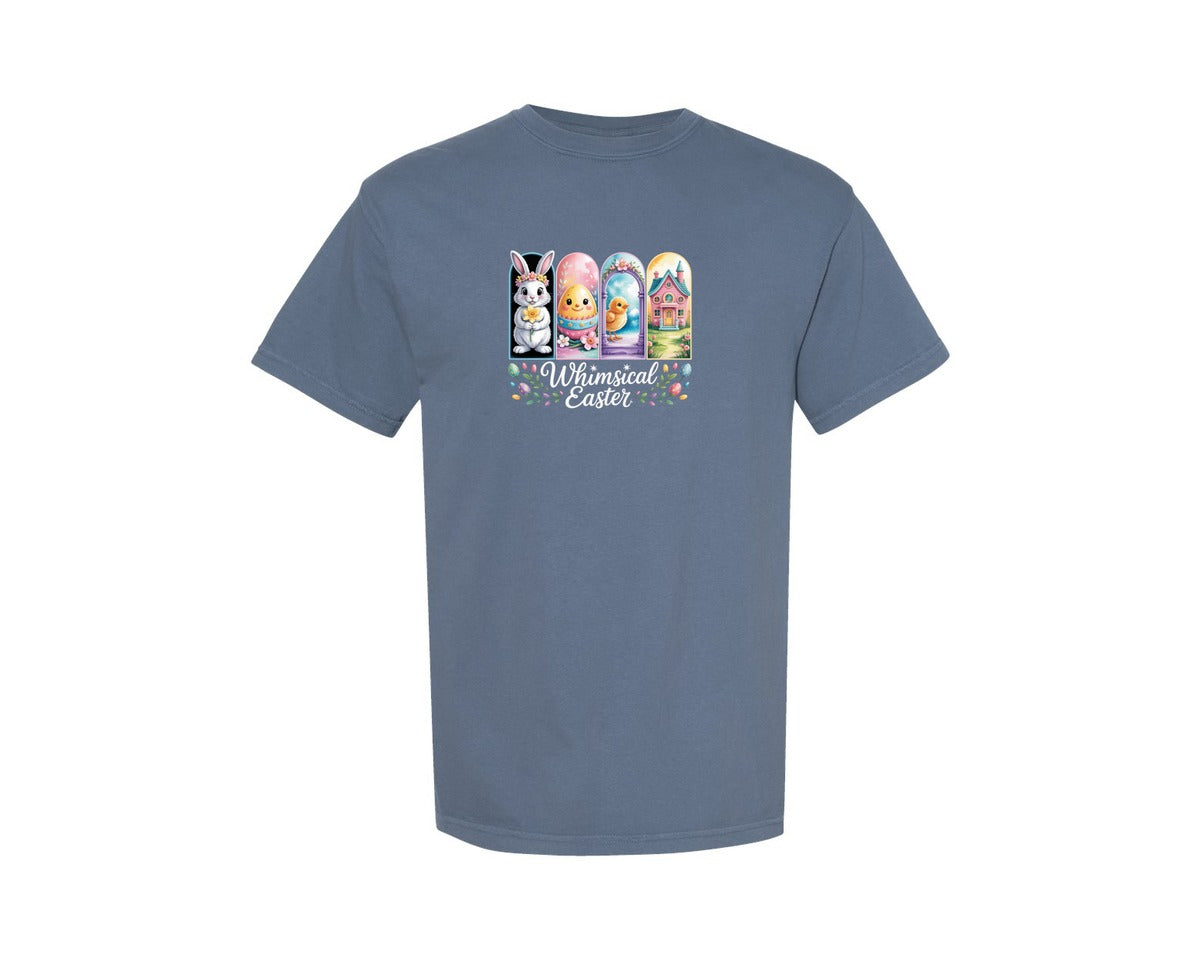 brand:Comfort Colors|color:Blue Jean|Whimsical Easter Bunny Chick Egg Graphic T-Shirt