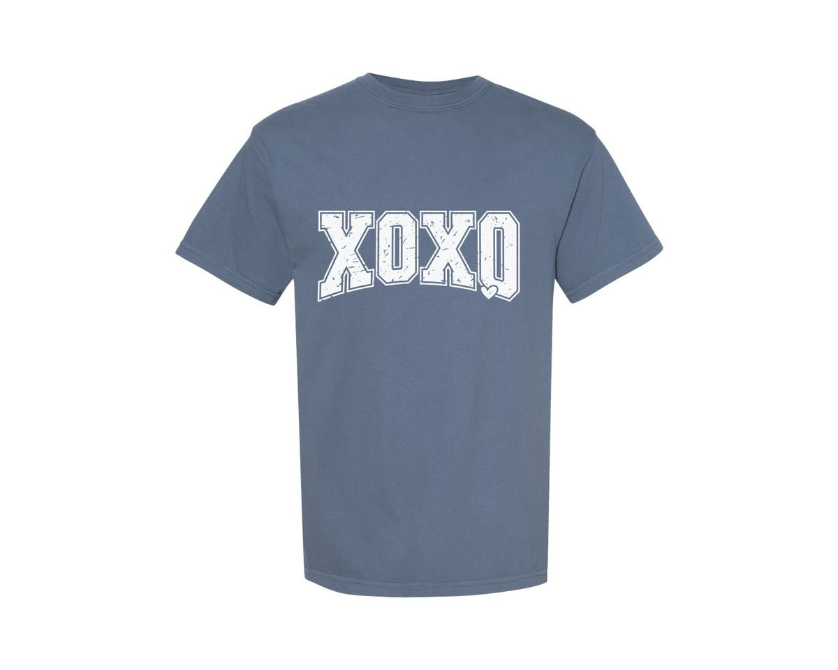 brand:Comfort Colors|color:Blue Jean|Retro Valentine Xoxo Varsity Heart Graphic T-Shirt