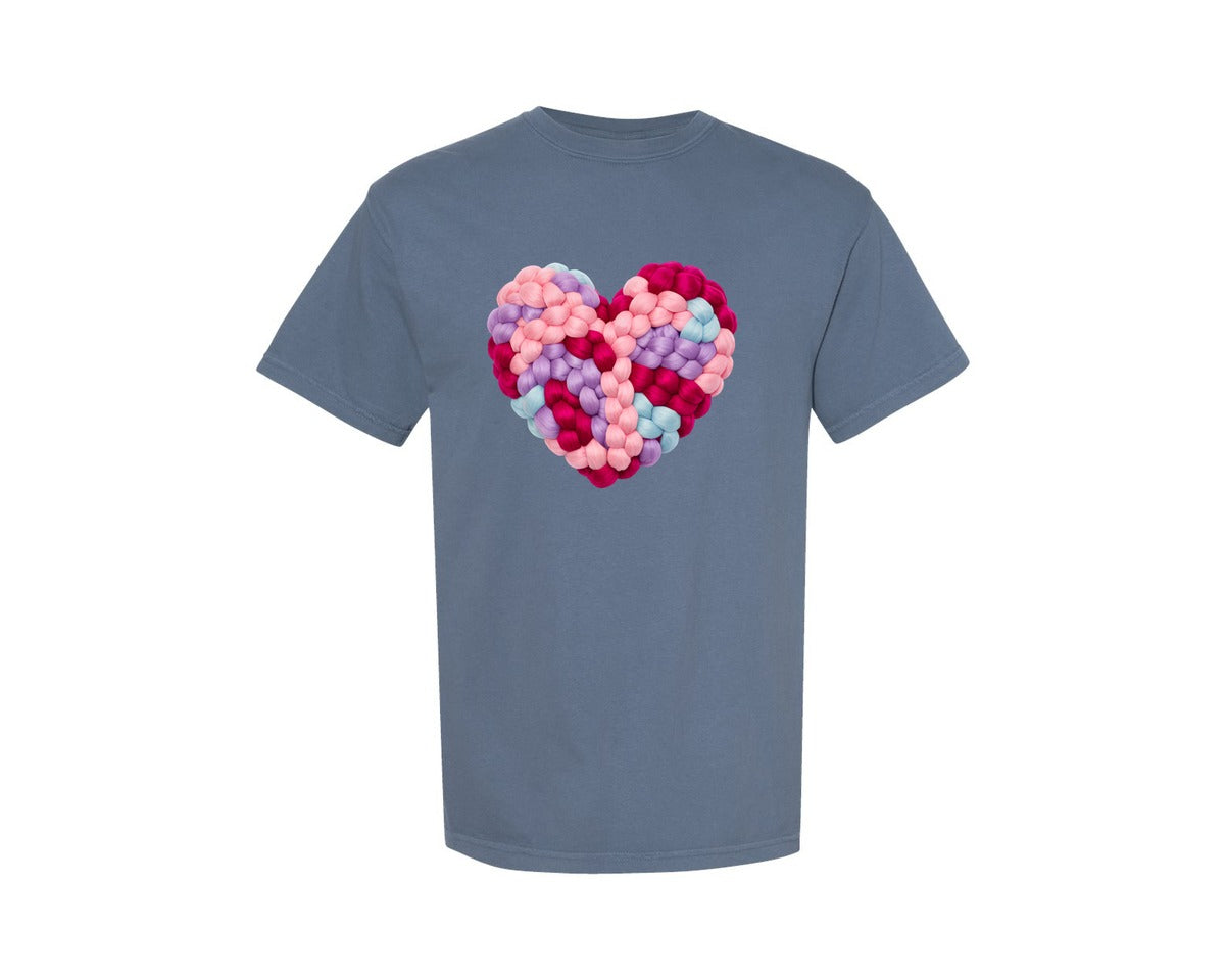 brand:Comfort Colors|color:Blue Jean|Faux Knitted Yarn Valentines Heart 11 Graphic T-Shirt