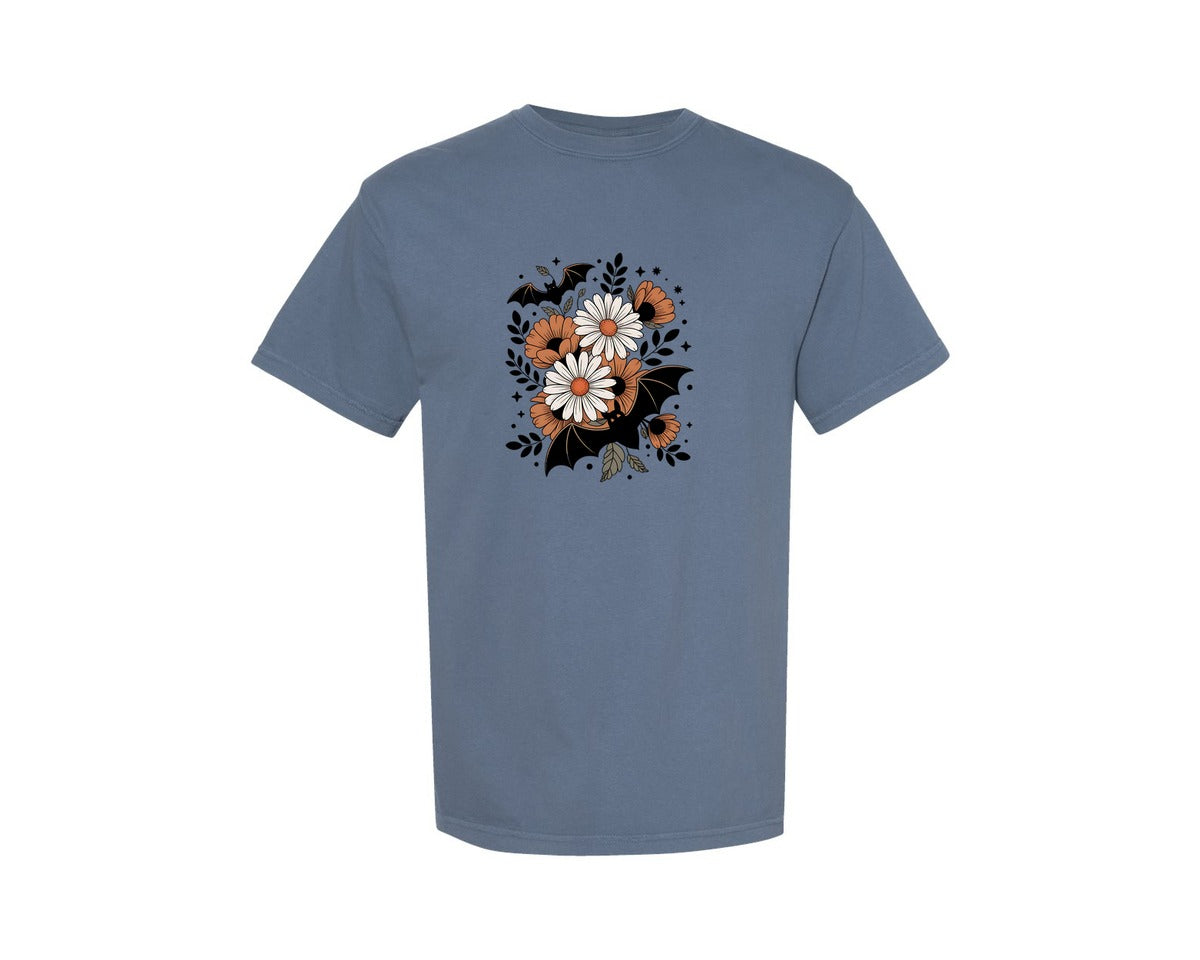 brand:Comfort Colors|color:Blue Jean|Boho Floral Bats Pngretro Halloween Graphic T-Shirt