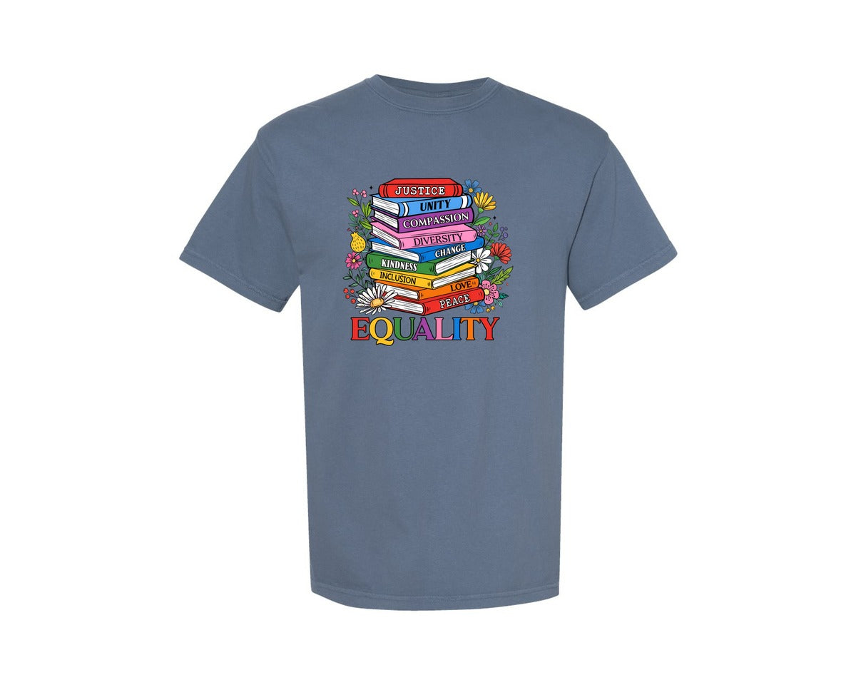 brand:Comfort Colors|color:Blue Jean|Equality Values Books Pride Illustration Graphic T-Shirt