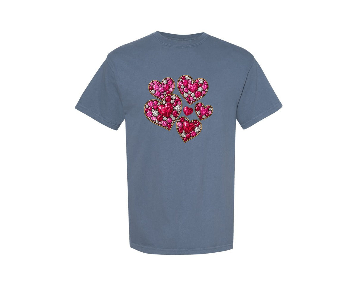brand:Comfort Colors|color:Blue Jean|Faux Rhinestone Hearts Graphic T-Shirt