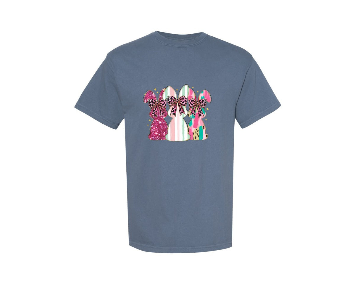 brand:Comfort Colors|color:Blue Jean|Happy Easter Glitter Bunny Bow Graphic T-Shirt