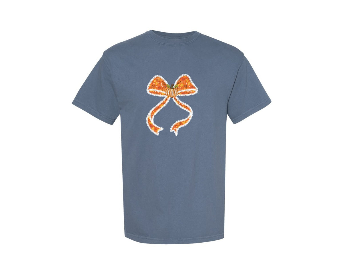 brand:Comfort Colors|color:Blue Jean|Fall Pumpkin Coquette Bow 3 Graphic T-Shirt