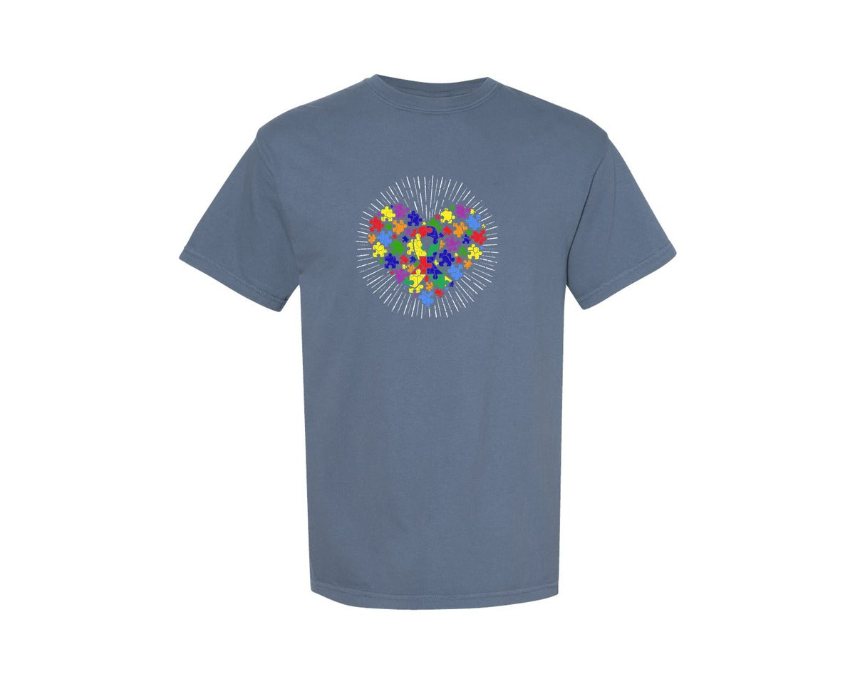 brand:Comfort Colors|color:Blue Jean|Autism Ribbon Awareness Heart Puzzle Graphic T-Shirt