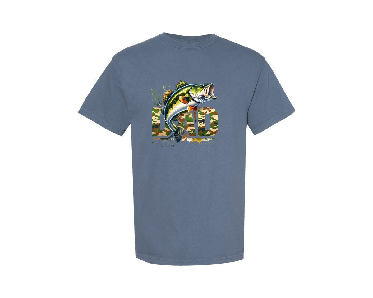 brand:Comfort Colors|color:Blue Jean|Camouflage Dad Largemouth Bass Fish Graphic T-Shirt