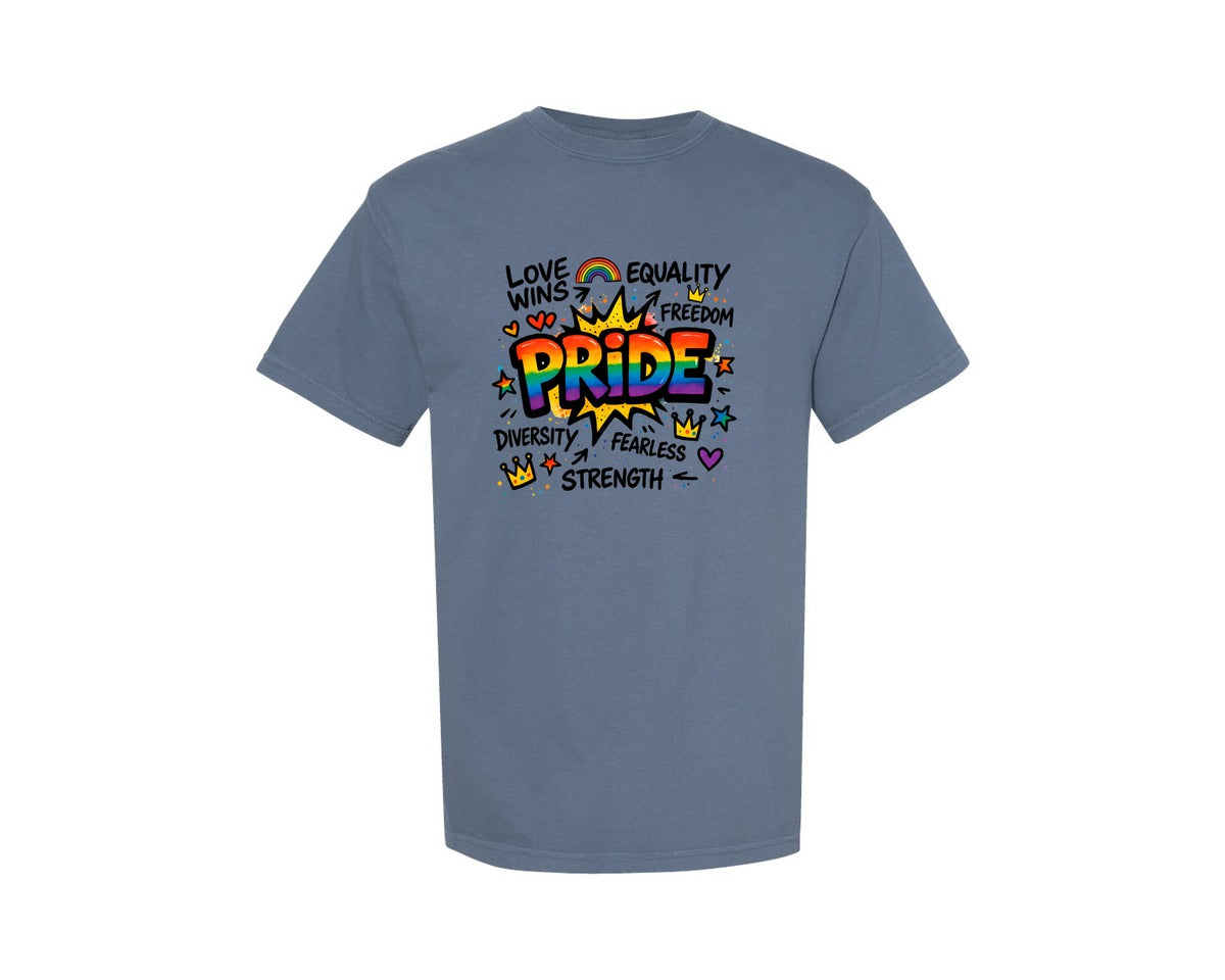 brand:Comfort Colors|color:Blue Jean|Pride Rainbow Typography 2 Graphic T-Shirt