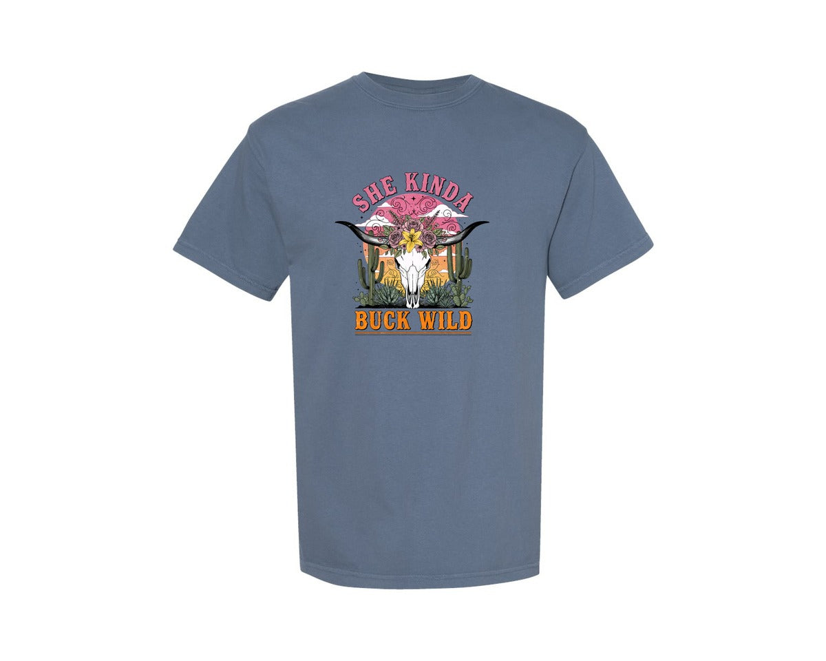 brand:Comfort Colors|color:Blue Jean|She Kinda Buck Wild Cow Skull Graphic T-Shirt