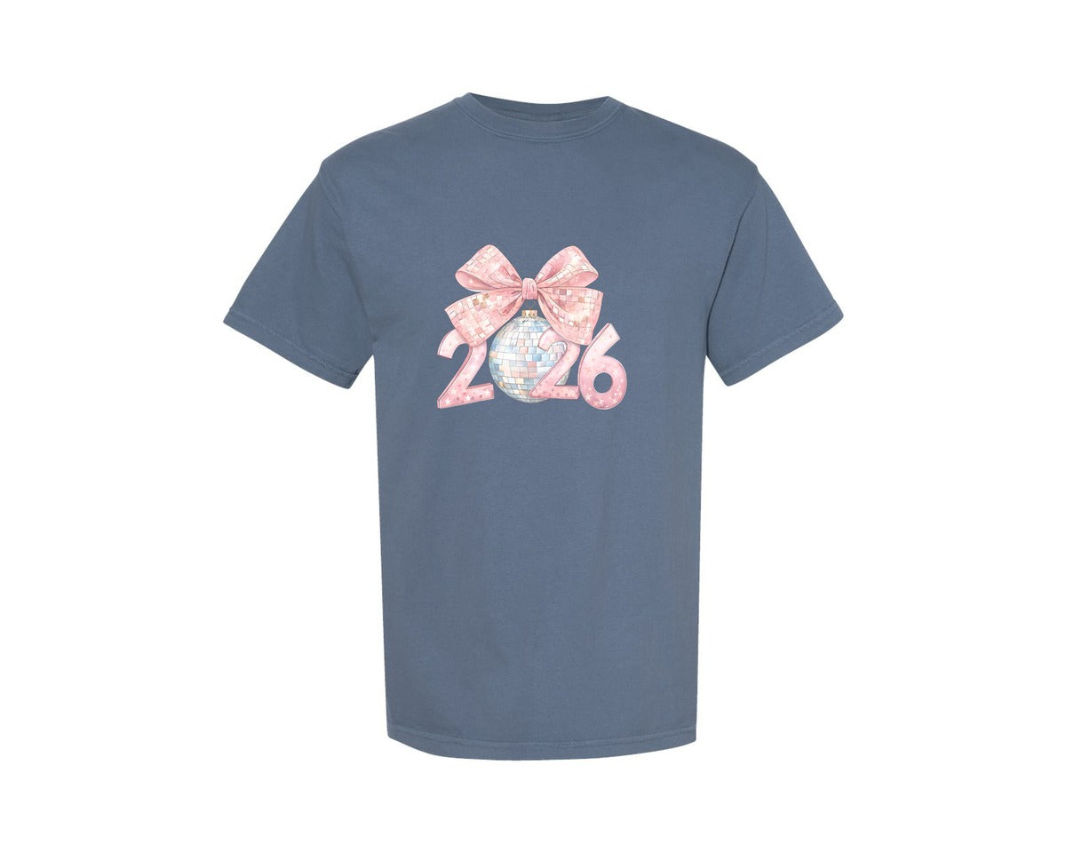 brand:Comfort Colors|color:Blue Jean|Happy New Year 2026 Pink Coquette 10 Graphic T-Shirt
