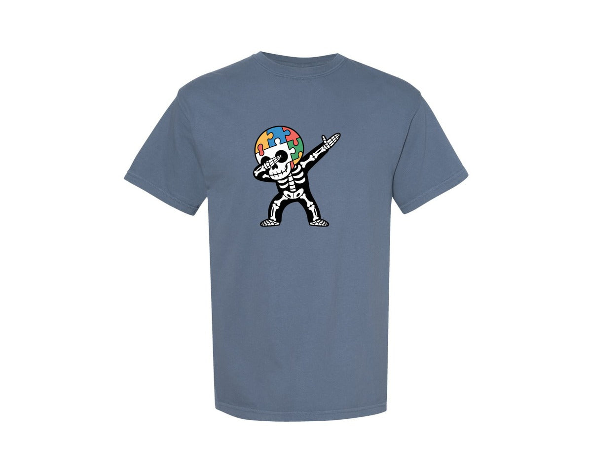 brand:Comfort Colors|color:Blue Jean|Autism Dabbing Skeleton Funny Tee Graphic T-Shirt