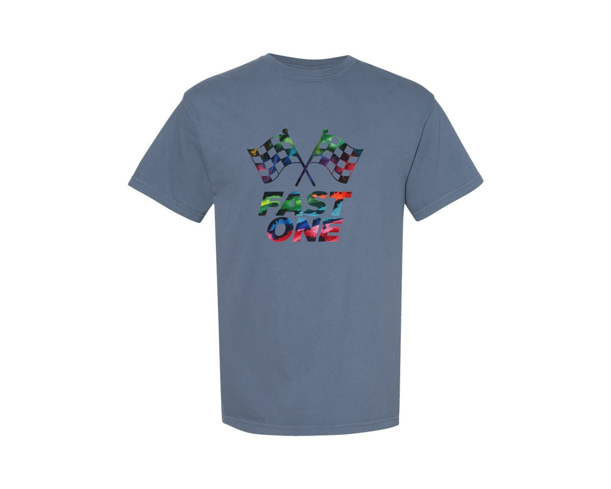 brand:Comfort Colors|color:Blue Jean|Checkered Racing Flags Fast One Graphic T-Shirt