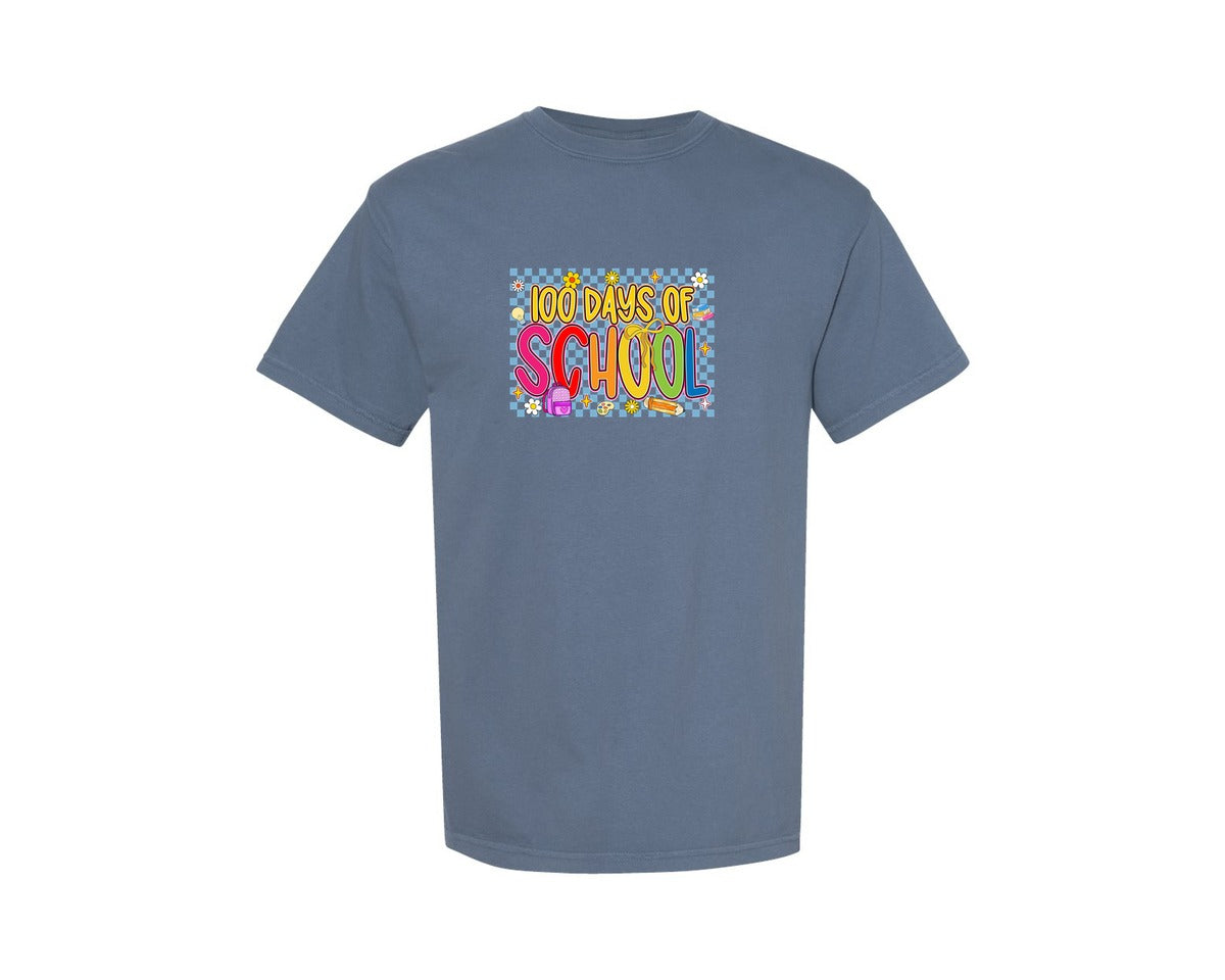 brand:Comfort Colors|color:Blue Jean|Checkered 100 Days School Bow Shirt Graphic T-Shirt