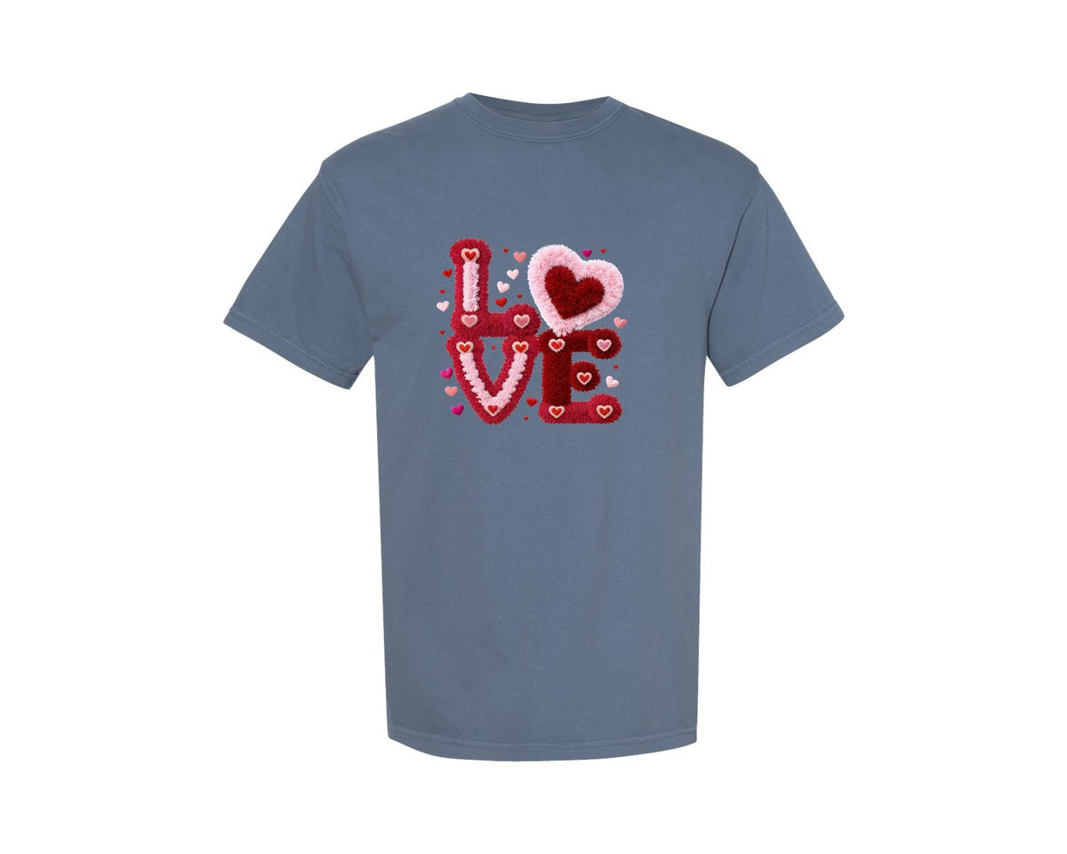 brand:Comfort Colors|color:Blue Jean|Faux Yarn Crochet Love Valentine 5 Graphic T-Shirt