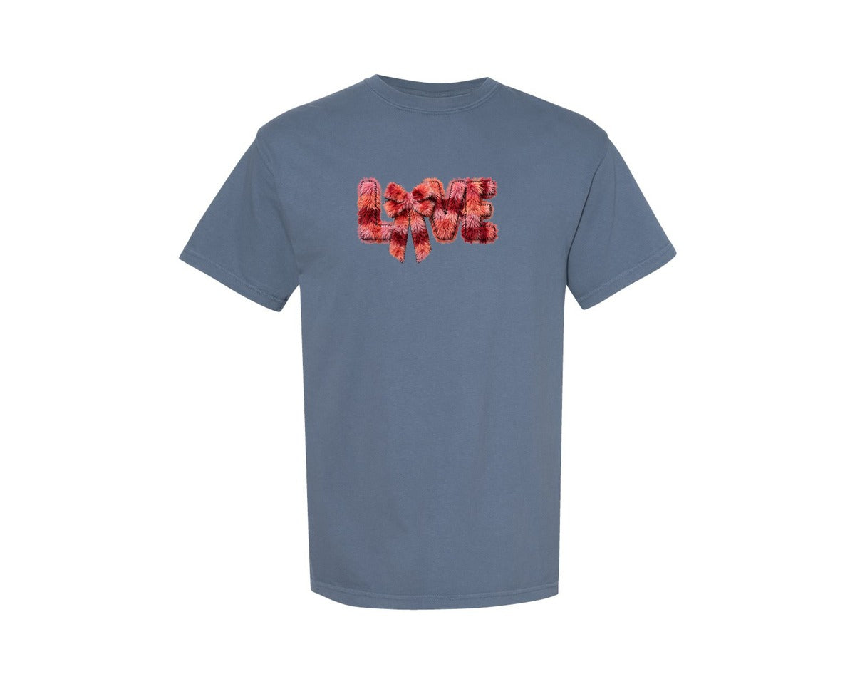 brand:Comfort Colors|color:Blue Jean|Faux Yarn Love Text With Fluffy Bow Graphic T-Shirt