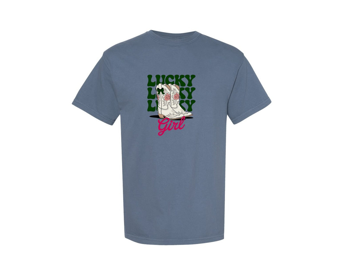 brand:Comfort Colors|color:Blue Jean|Lucky Girl St Patricks Day Cowgirl 2 Graphic T-Shirt
