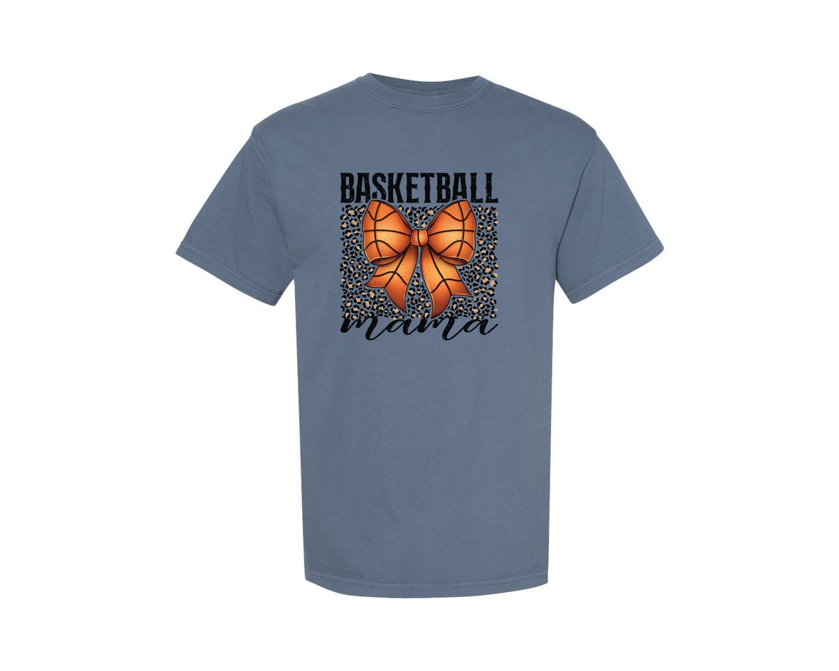 brand:Comfort Colors|color:Blue Jean|Basketball Mama Coquette Bow Leopard Graphic T-Shirt