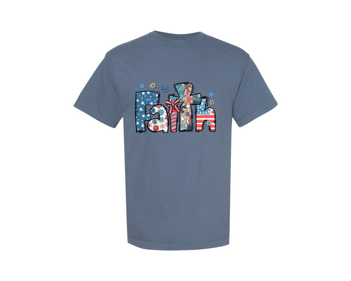 brand:Comfort Colors|color:Blue Jean|Faith Cross Usa Flag America Lettered Graphic T-Shirt