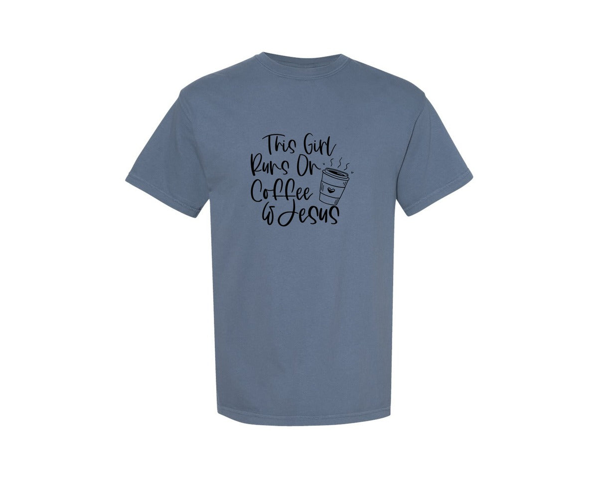 brand:Comfort Colors|color:Blue Jean|This Girl Runs Off Coffee And Jesus 2 Graphic T-Shirt