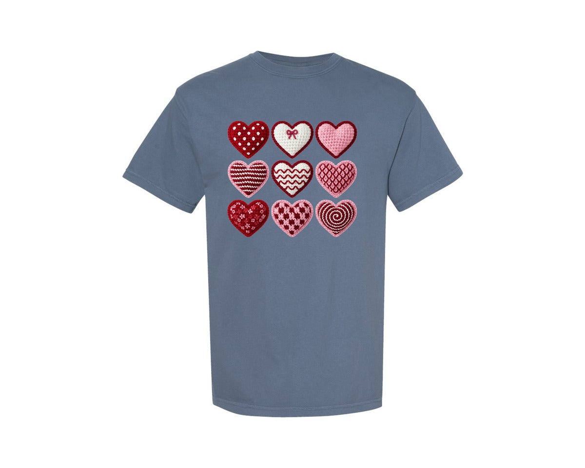 brand:Comfort Colors|color:Blue Jean|Faux Crochet Yarn Valentine Heart Bow Graphic T-Shirt