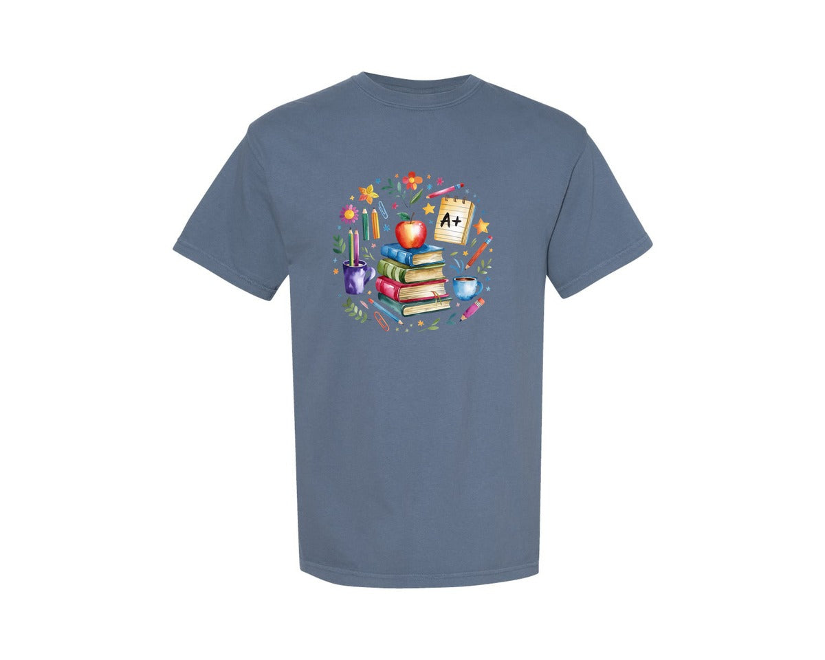 brand:Comfort Colors|color:Blue Jean|Boho School Teacher Book Flowers Graphic T-Shirt