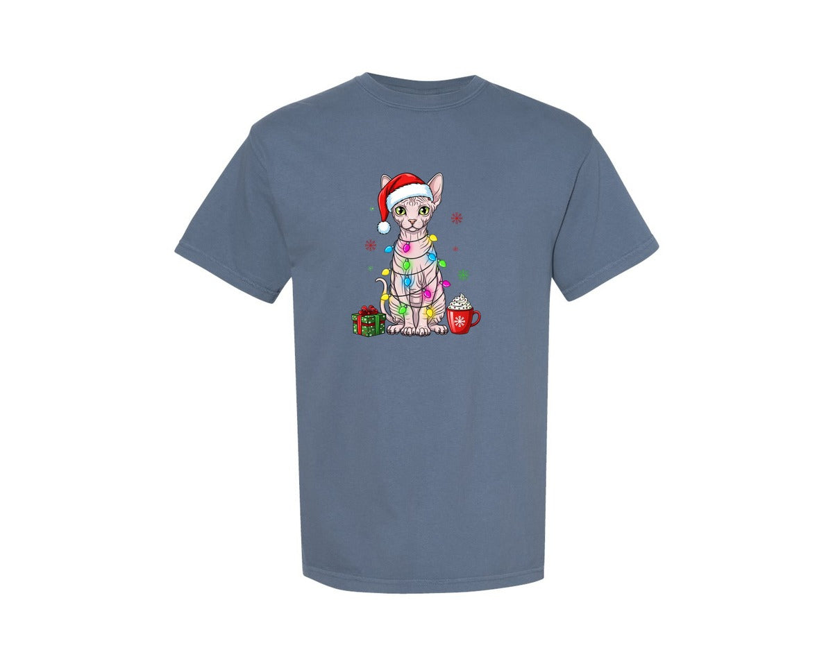 brand:Comfort Colors|color:Blue Jean|Christmas Sphynx Cat Graphic T-Shirt