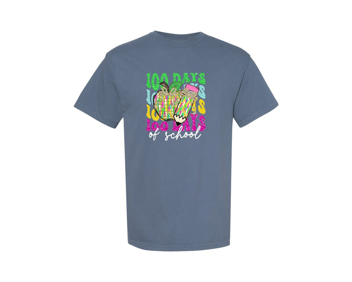 brand:Comfort Colors|color:Blue Jean|Retro 100 Days Of School 3 Graphic T-Shirt