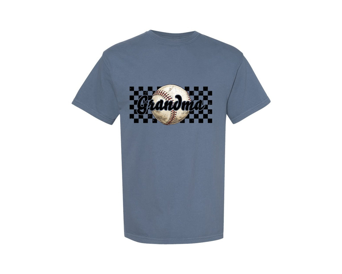 brand:Comfort Colors|color:Blue Jean|Baseball Grandma Checkered Distressed Graphic T-Shirt
