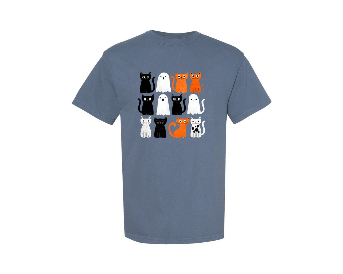 brand:Comfort Colors|color:Blue Jean|Halloween Ghost And Cat 9 Graphic T-Shirt